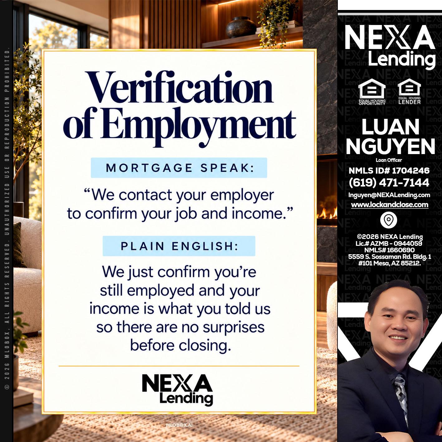 VERIFICATION OF EMPLOYMENT - Luan Nguyen -Loan Officer